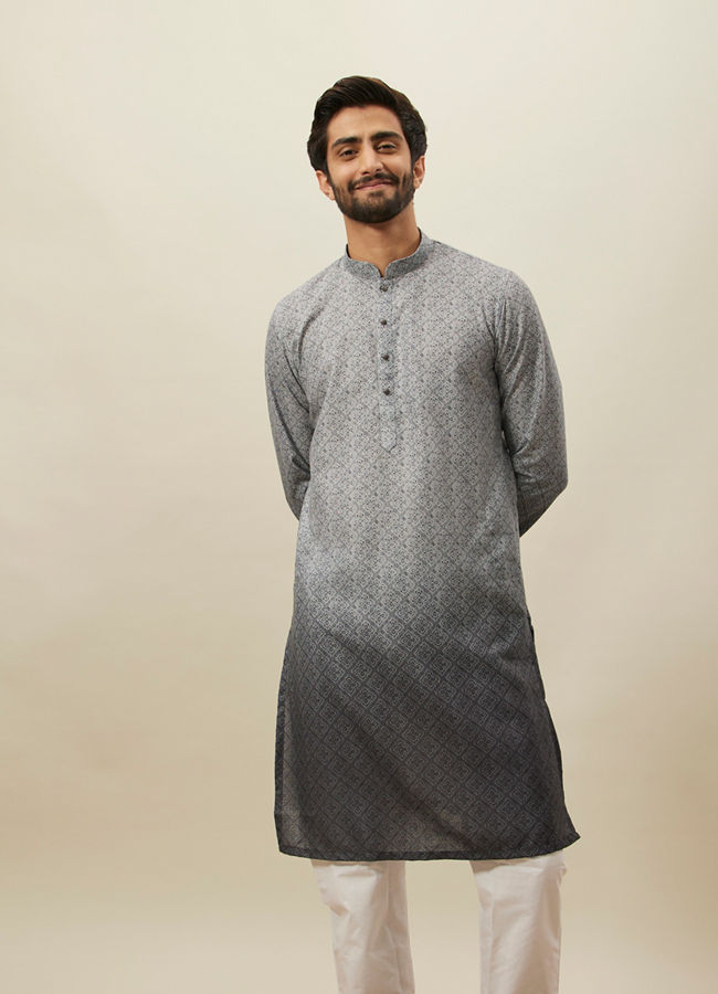 Manyavar Men Cloud Grey Moroccan Inspired Print Kurta