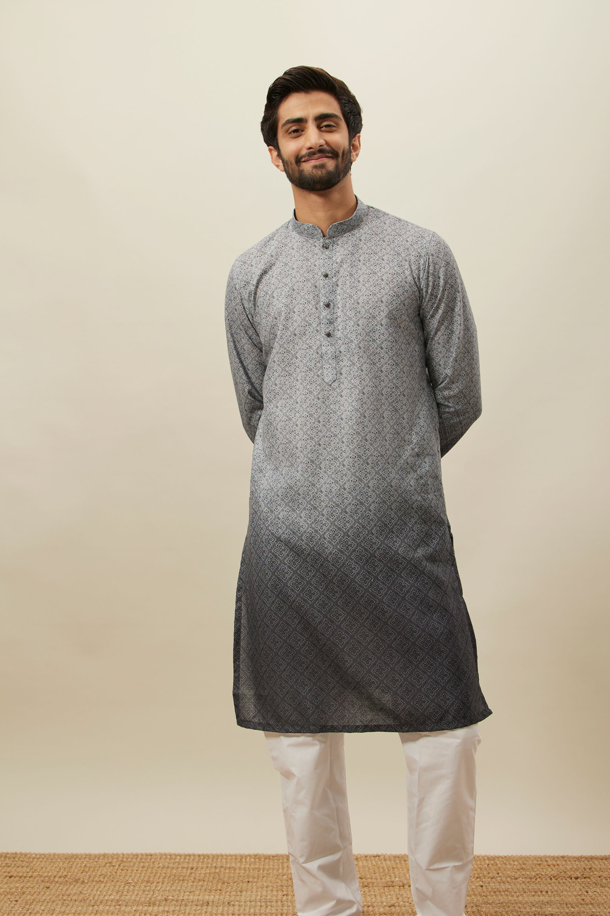 Manyavar Men Cloud Grey Moroccan Inspired Print Kurta