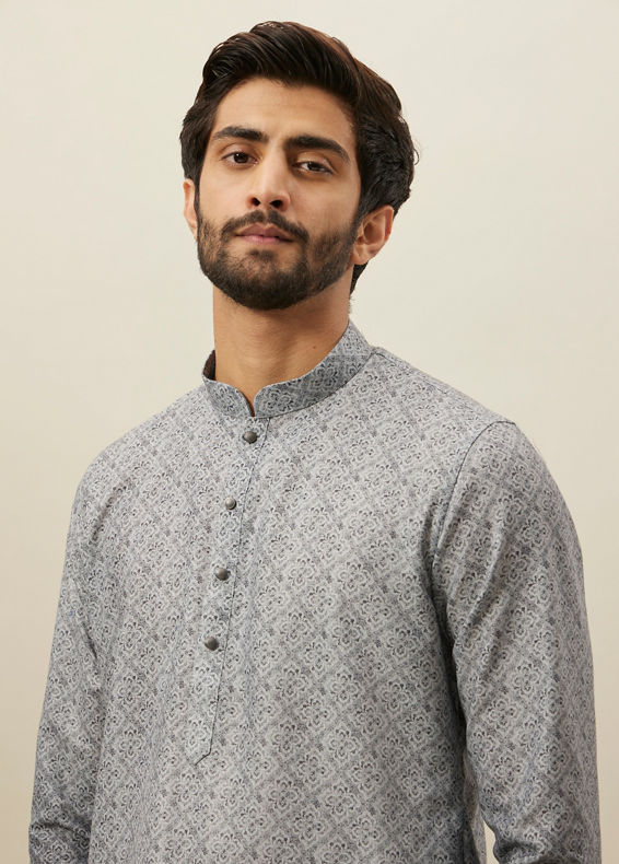 Manyavar Men Cloud Grey Moroccan Inspired Print Kurta