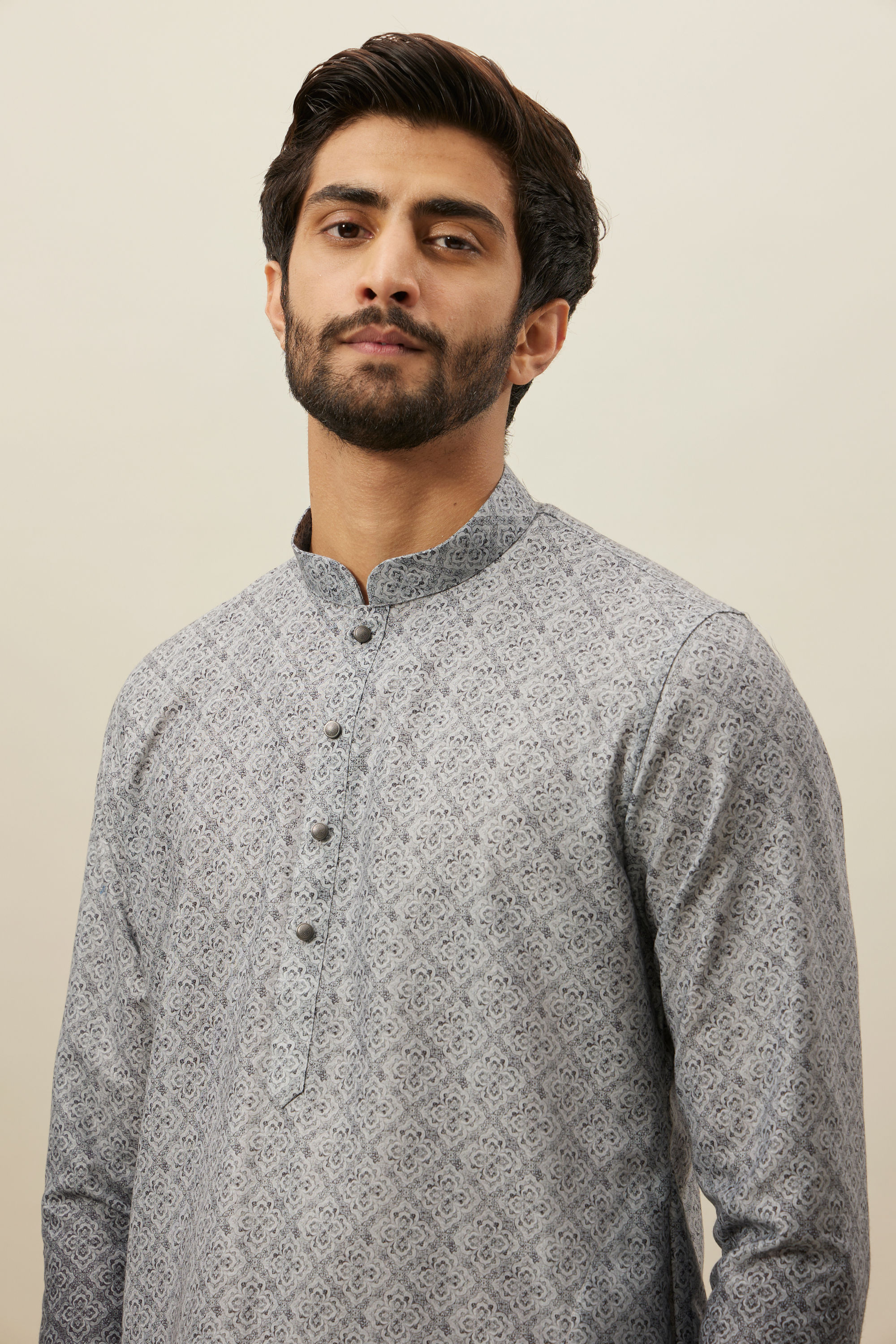 Manyavar Men Cloud Grey Moroccan Inspired Print Kurta