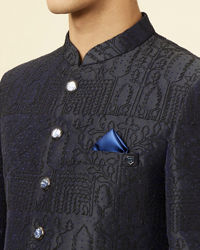 Manyavar Men Maritime Blue Botanical Patterned Suit