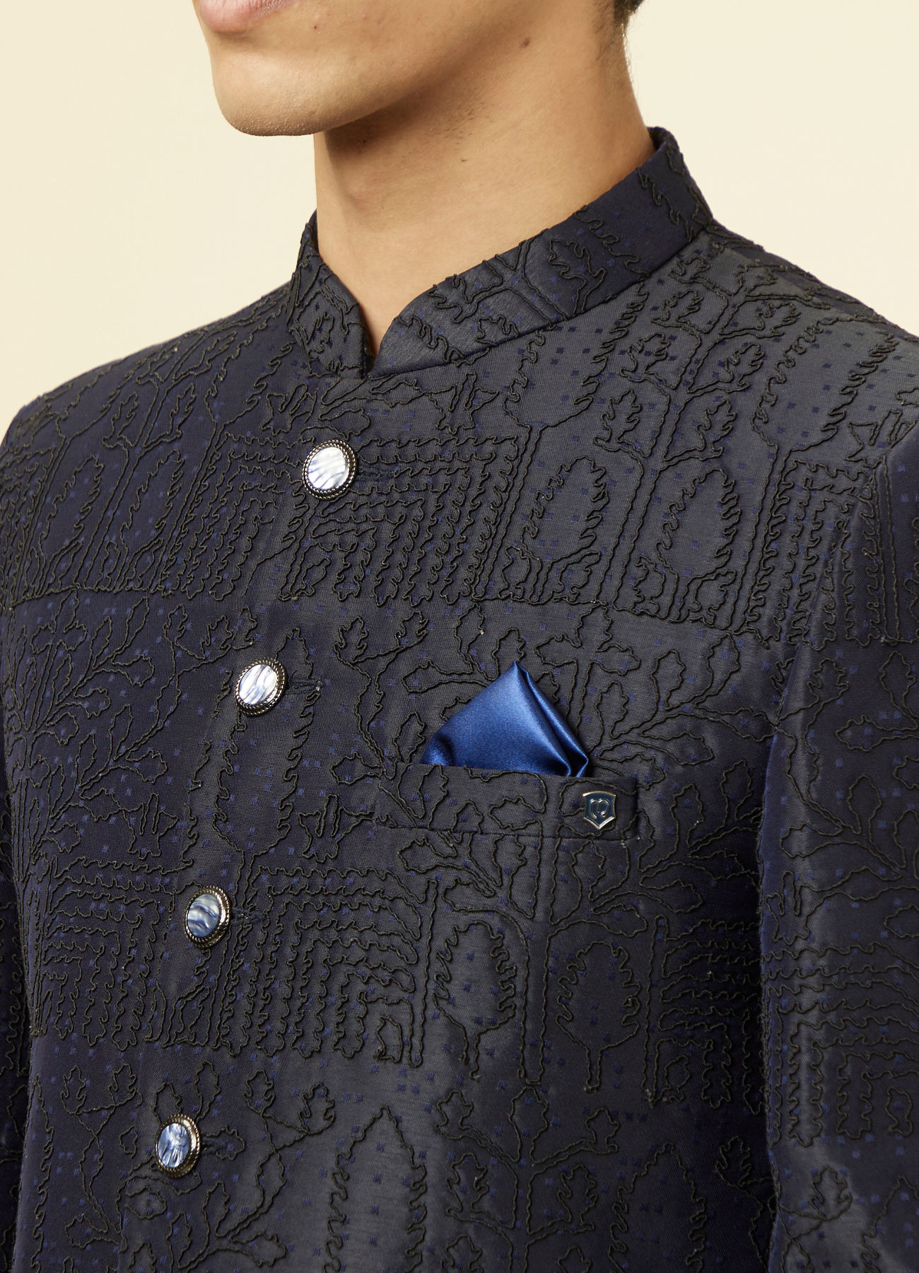 Manyavar Men Maritime Blue Botanical Patterned Suit