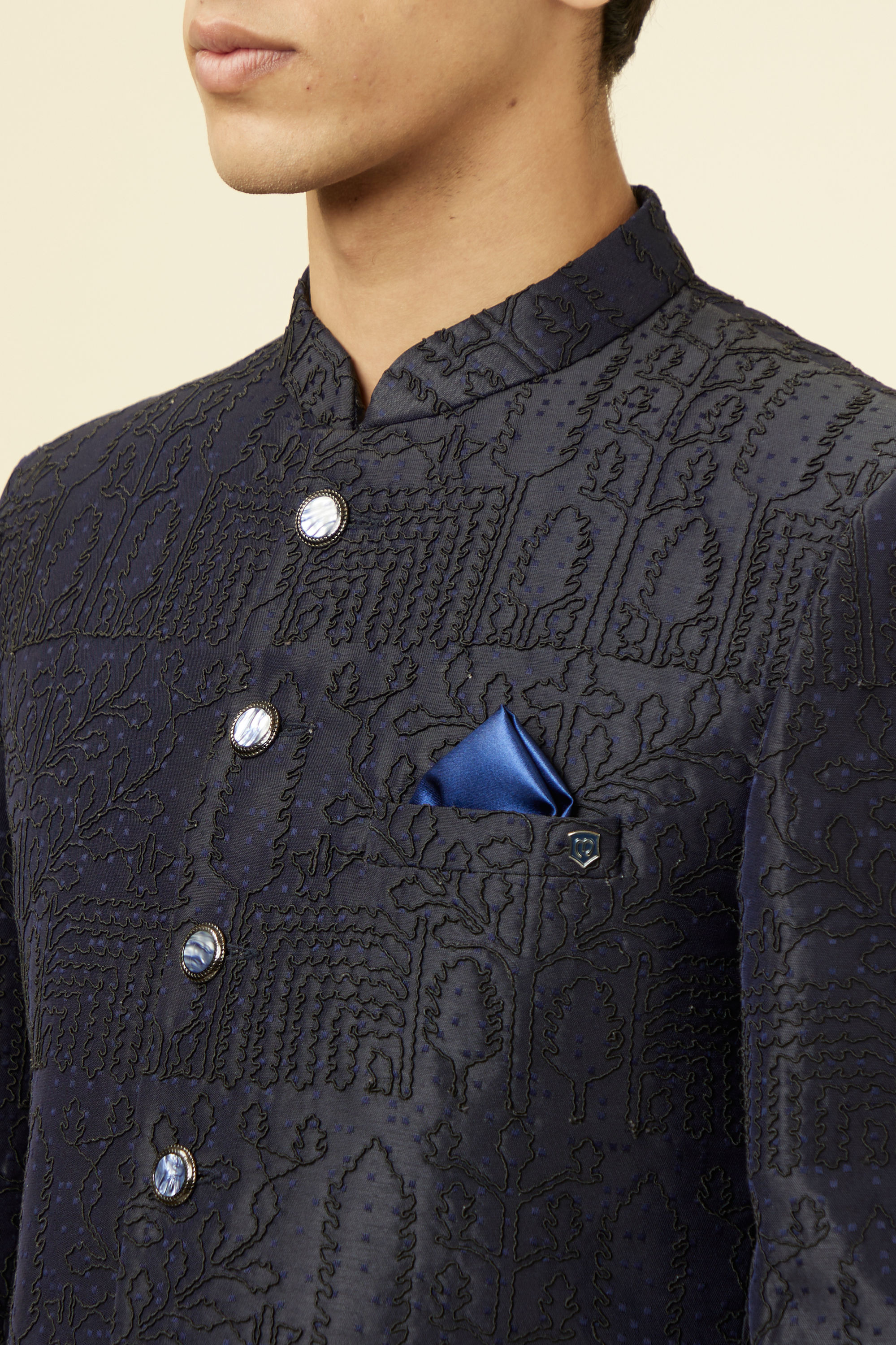 Manyavar Men Maritime Blue Botanical Patterned Suit