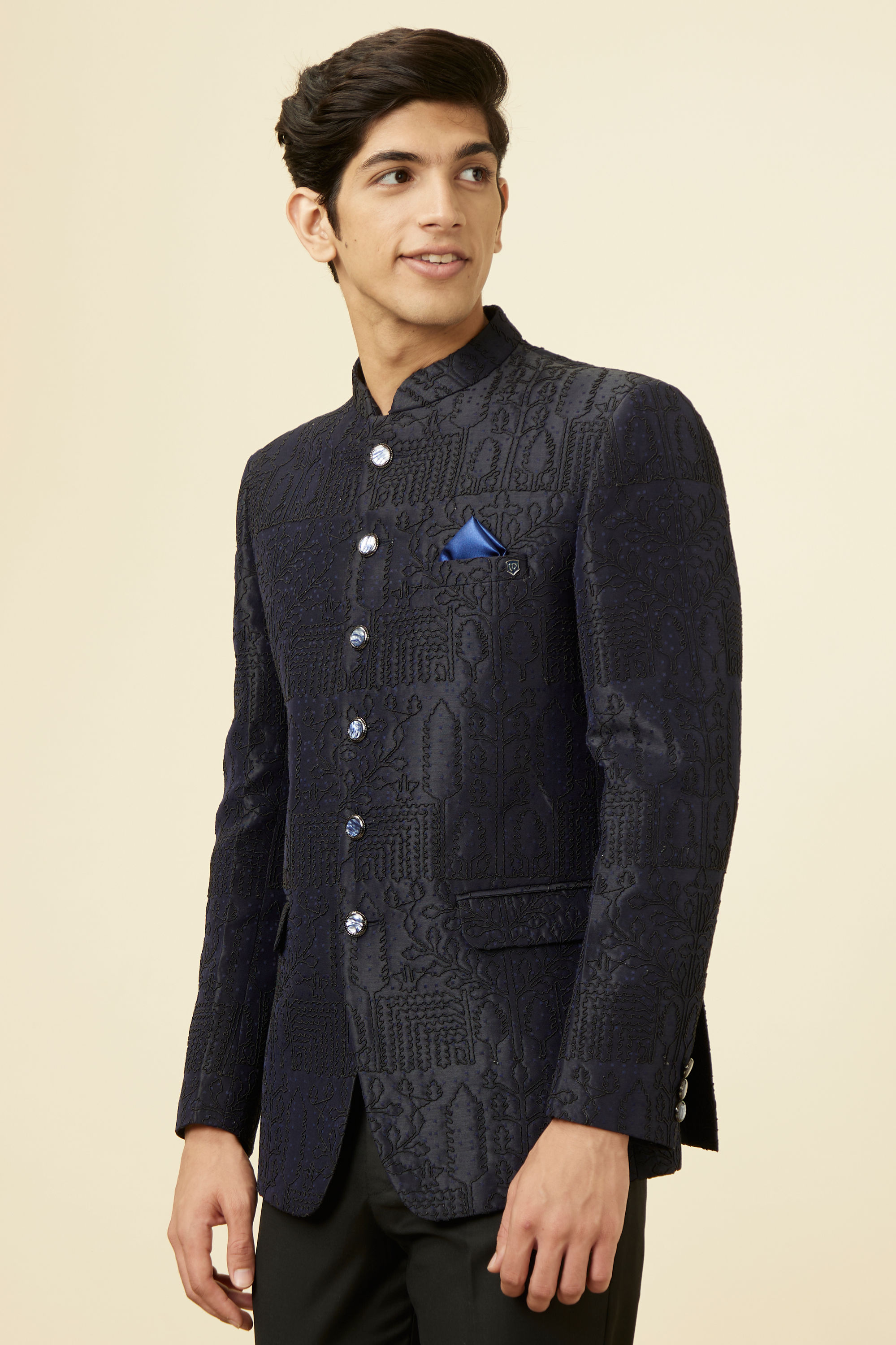 Manyavar Men Maritime Blue Botanical Patterned Suit