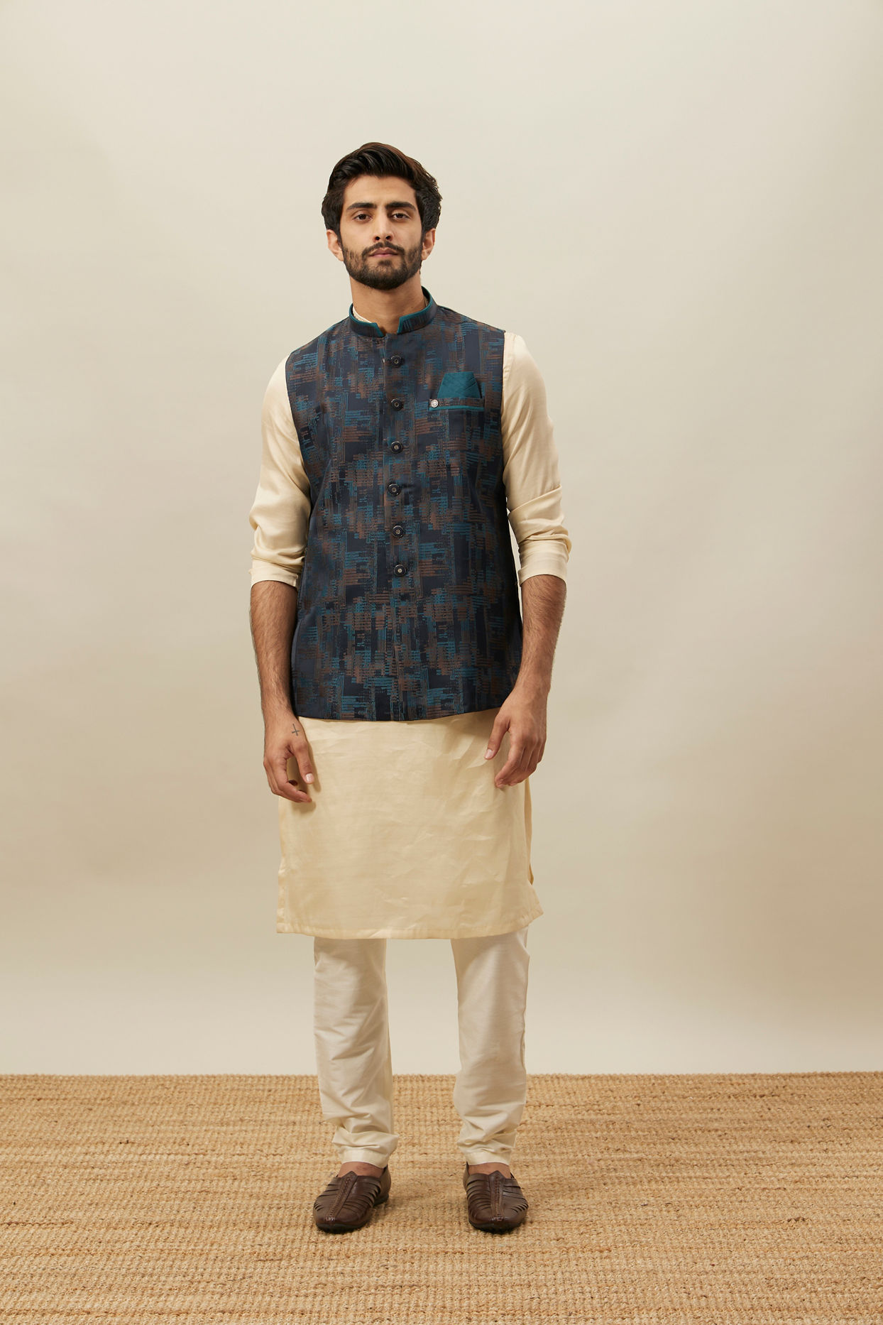 Manyavar Men Crystal Teal Blue Abstract Patterned Jacket