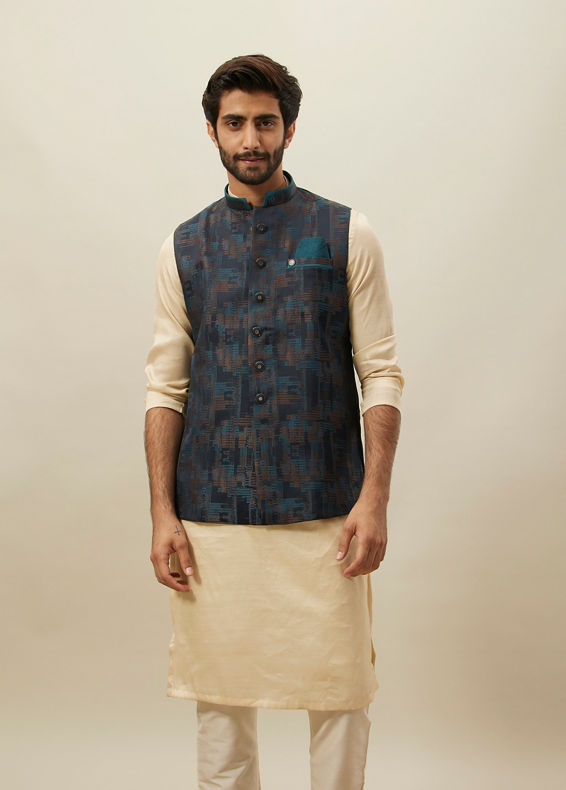 Manyavar Men Crystal Teal Blue Abstract Patterned Jacket