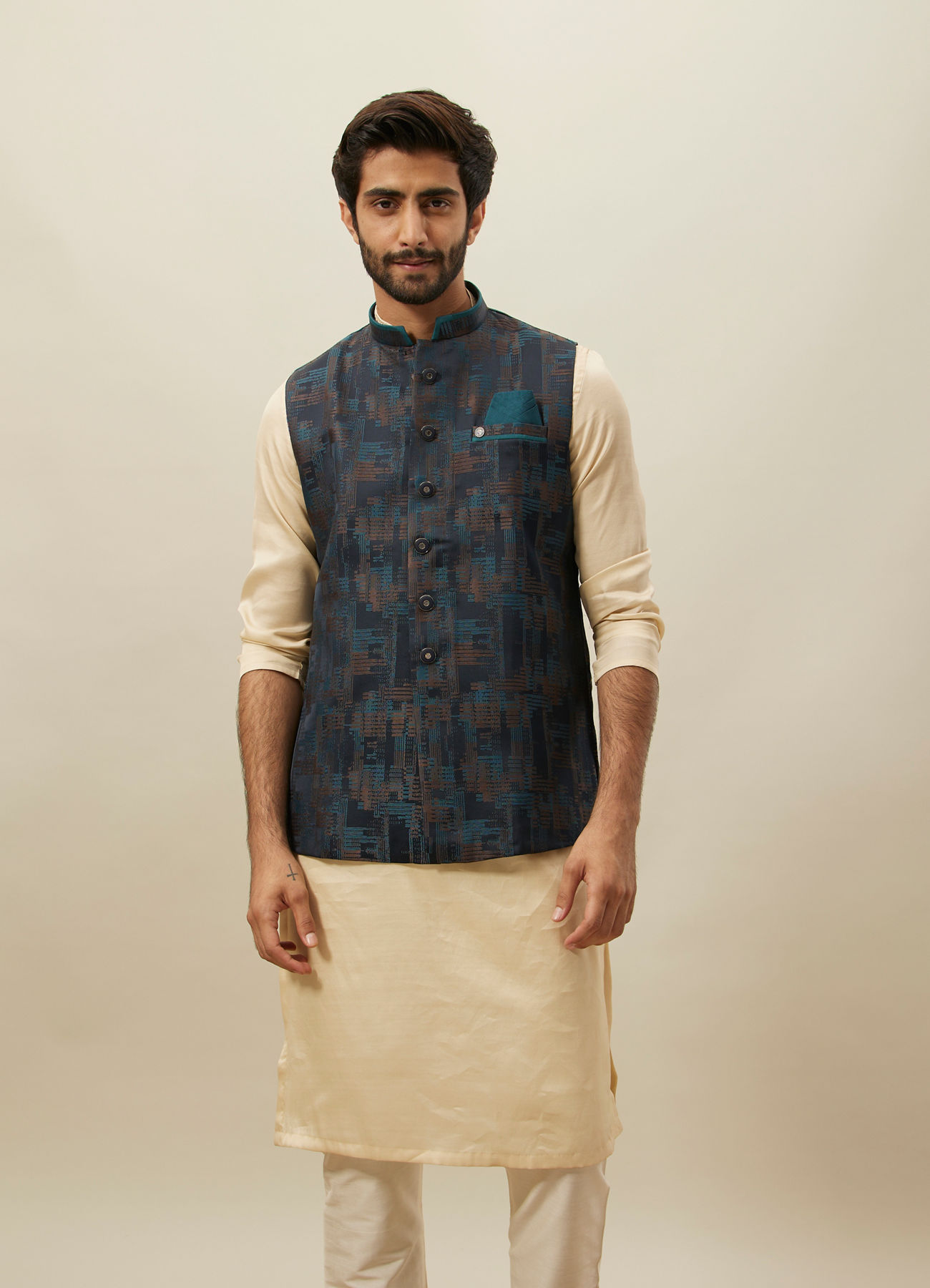 Manyavar Men Crystal Teal Blue Abstract Patterned Jacket