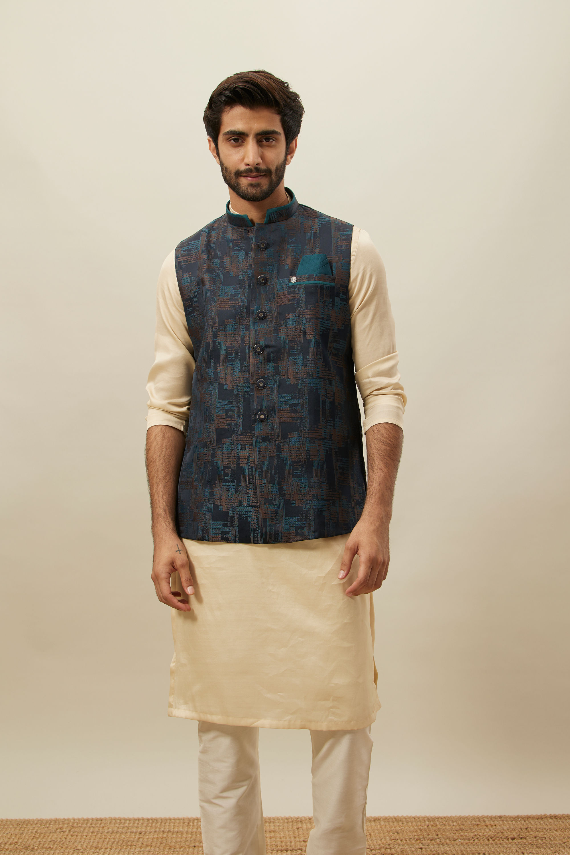 Manyavar Men Crystal Teal Blue Abstract Patterned Jacket
