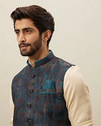 Manyavar Men Crystal Teal Blue Abstract Patterned Jacket