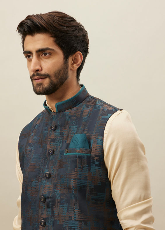 Manyavar Men Crystal Teal Blue Abstract Patterned Jacket