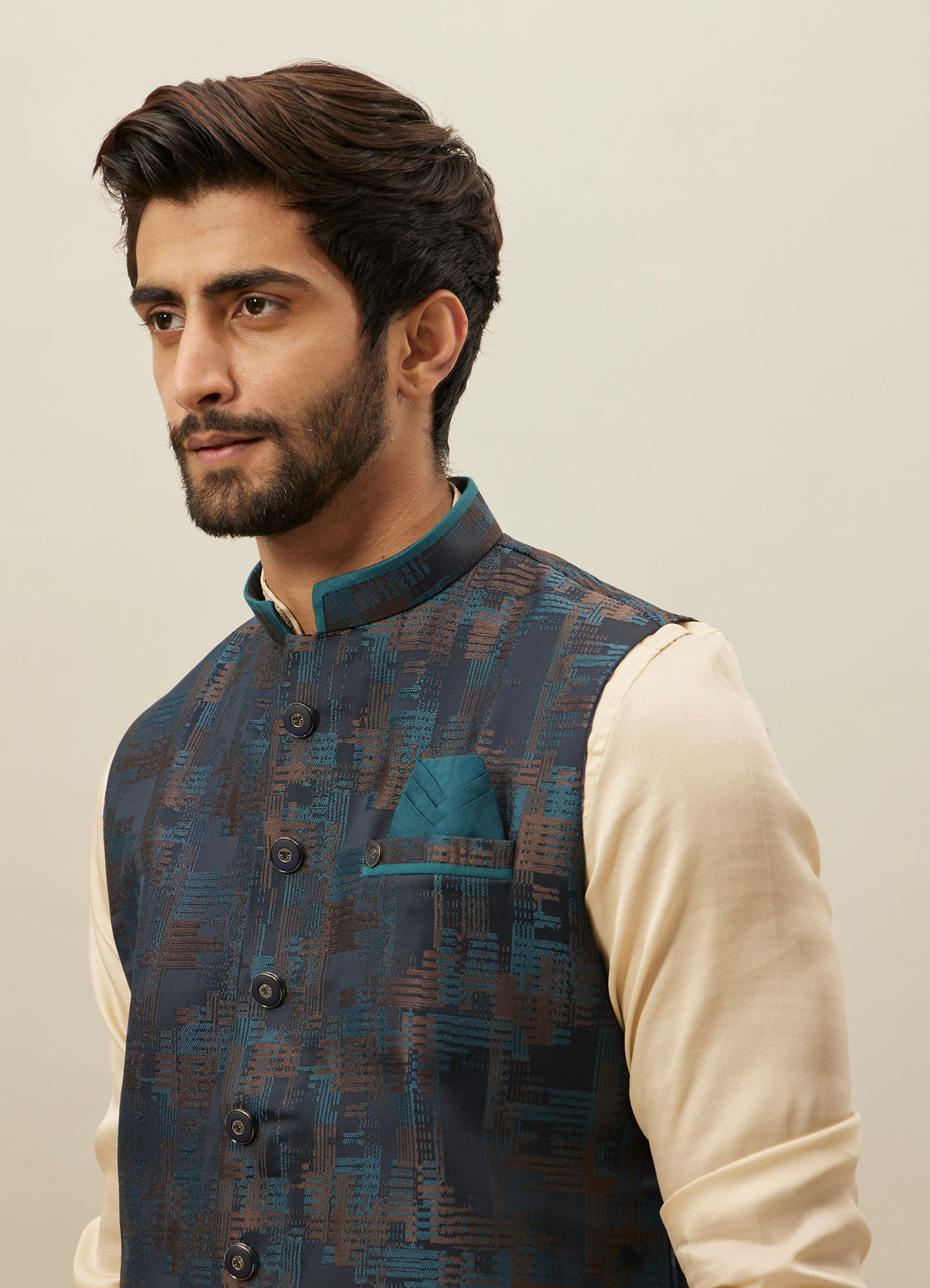 Manyavar Men Crystal Teal Blue Abstract Patterned Jacket