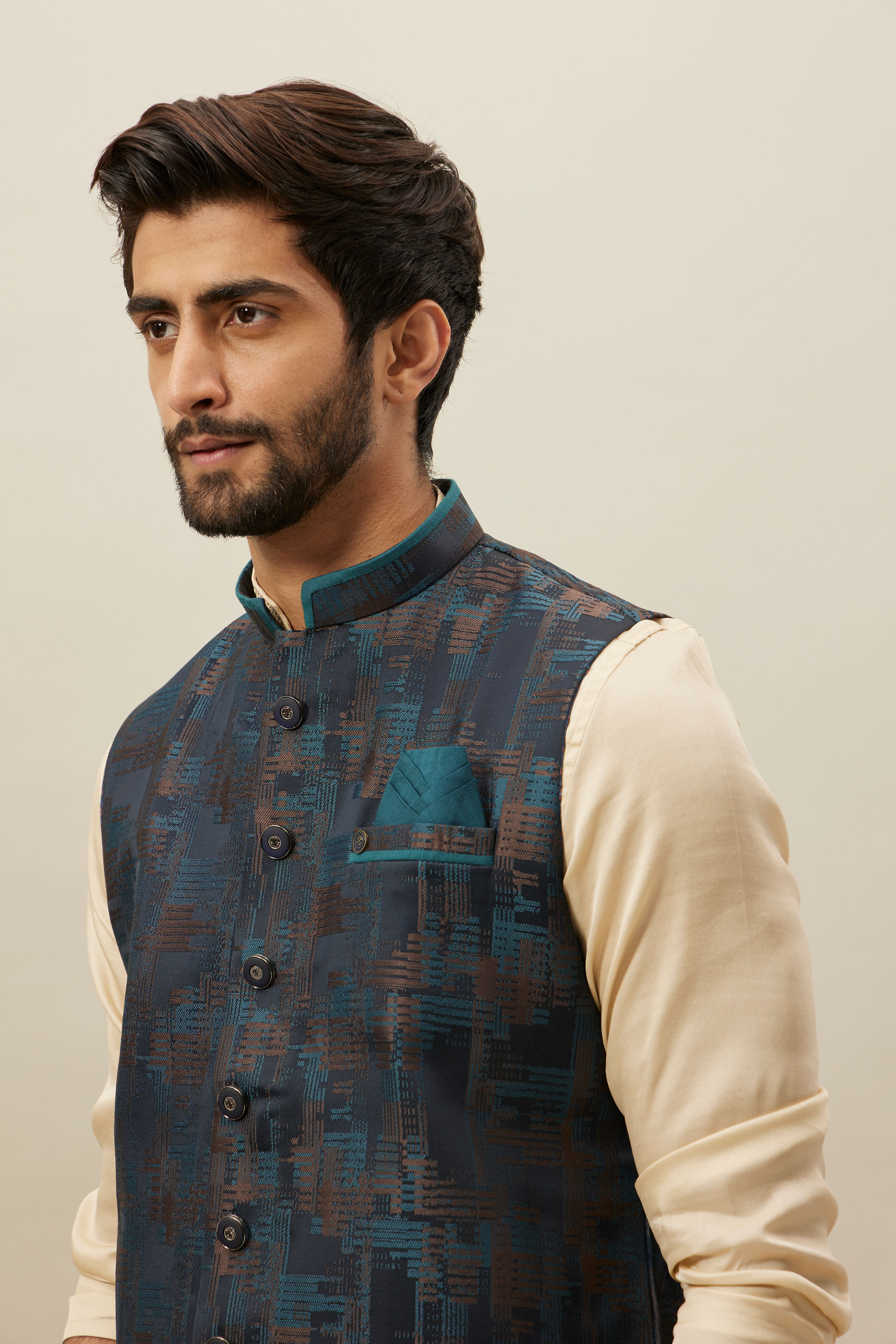 Manyavar Men Crystal Teal Blue Abstract Patterned Jacket