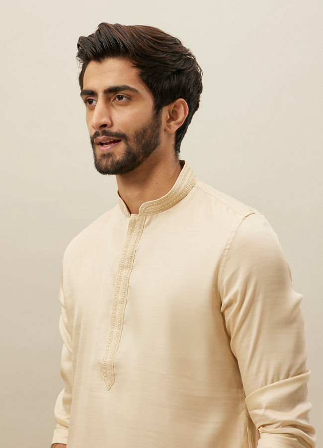 alt message - Manyavar Men Cloud Cream Embroidered Bandhgala Kurta Set image number 1