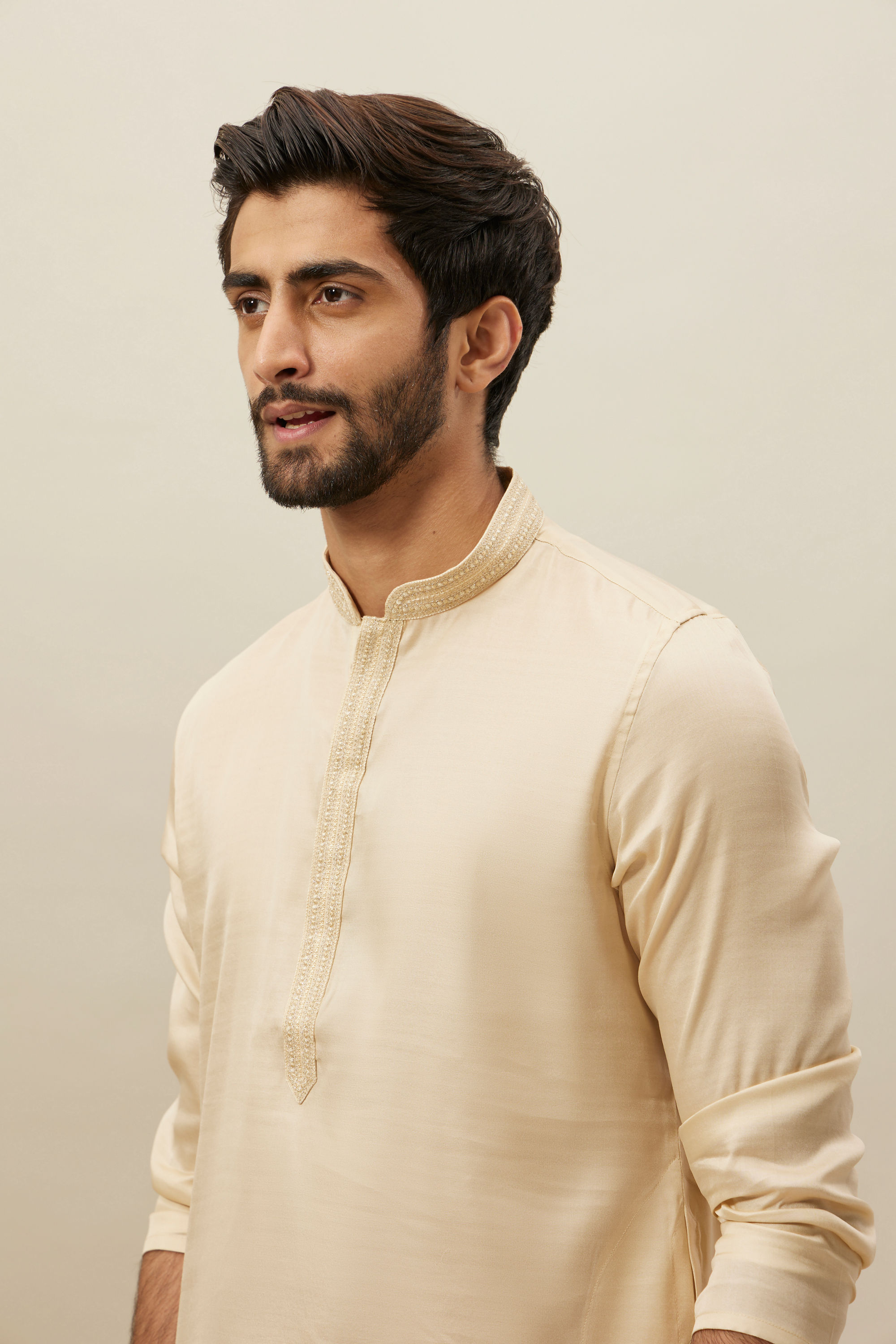 Manyavar Men Cloud Cream Embroidered Bandhgala Kurta Set