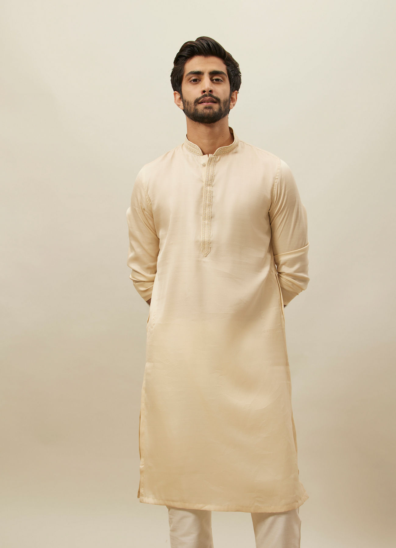 Manyavar Men Cloud Cream Embroidered Bandhgala Kurta Set