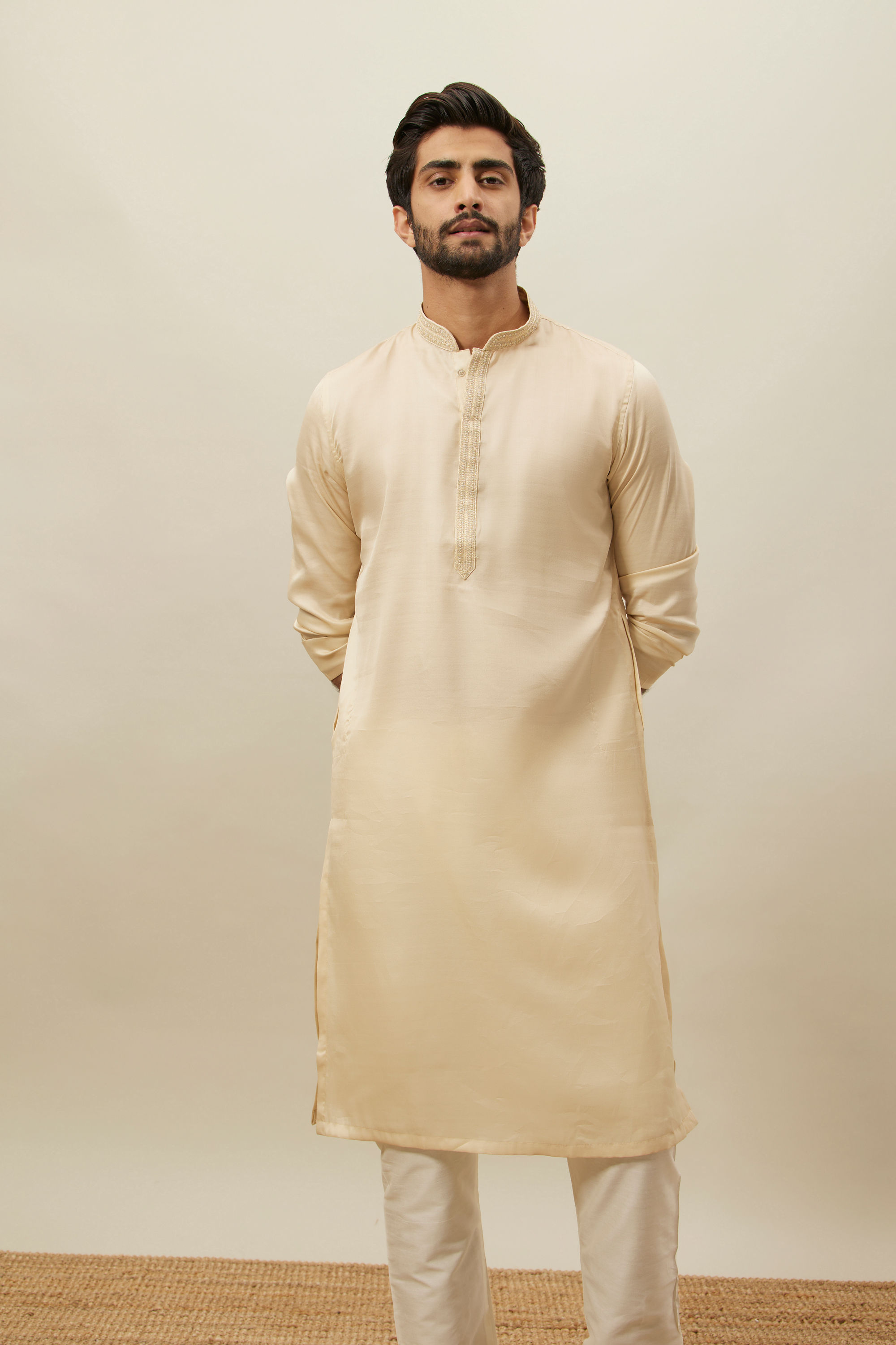 Manyavar Men Cloud Cream Embroidered Bandhgala Kurta Set