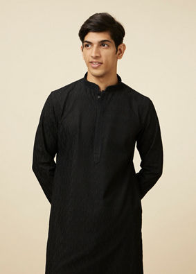 Manyavar Men Midnight Black Ogee Patterned Chikankari Kurta Set