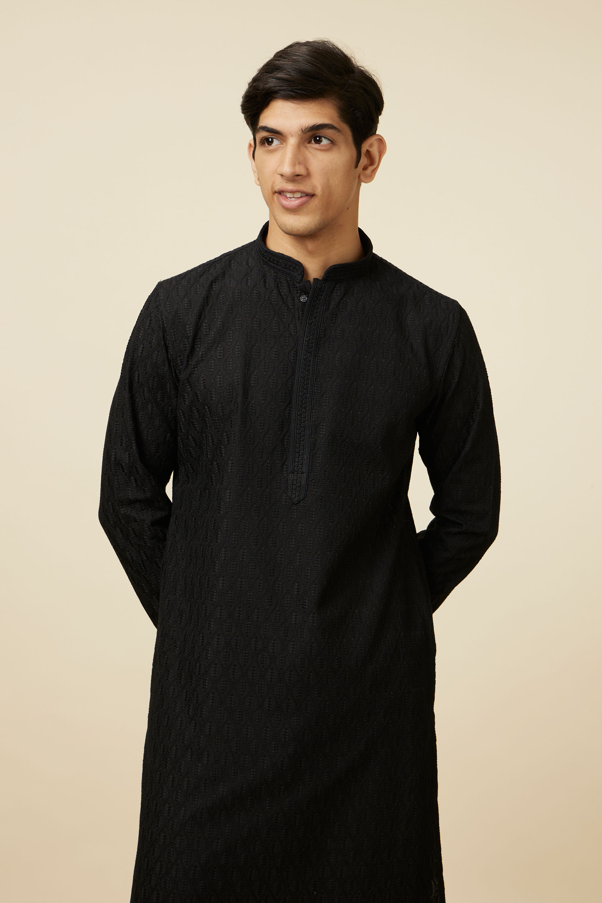 Manyavar Men Midnight Black Ogee Patterned Chikankari Kurta Set