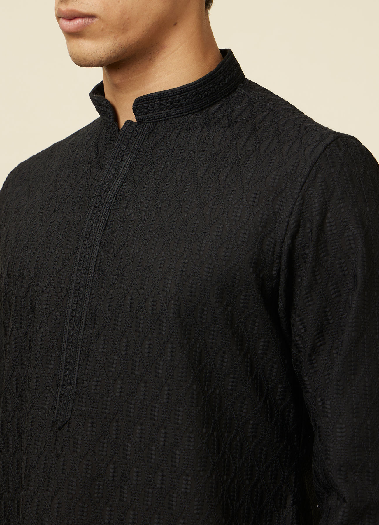 Manyavar Men Midnight Black Ogee Patterned Chikankari Kurta Set