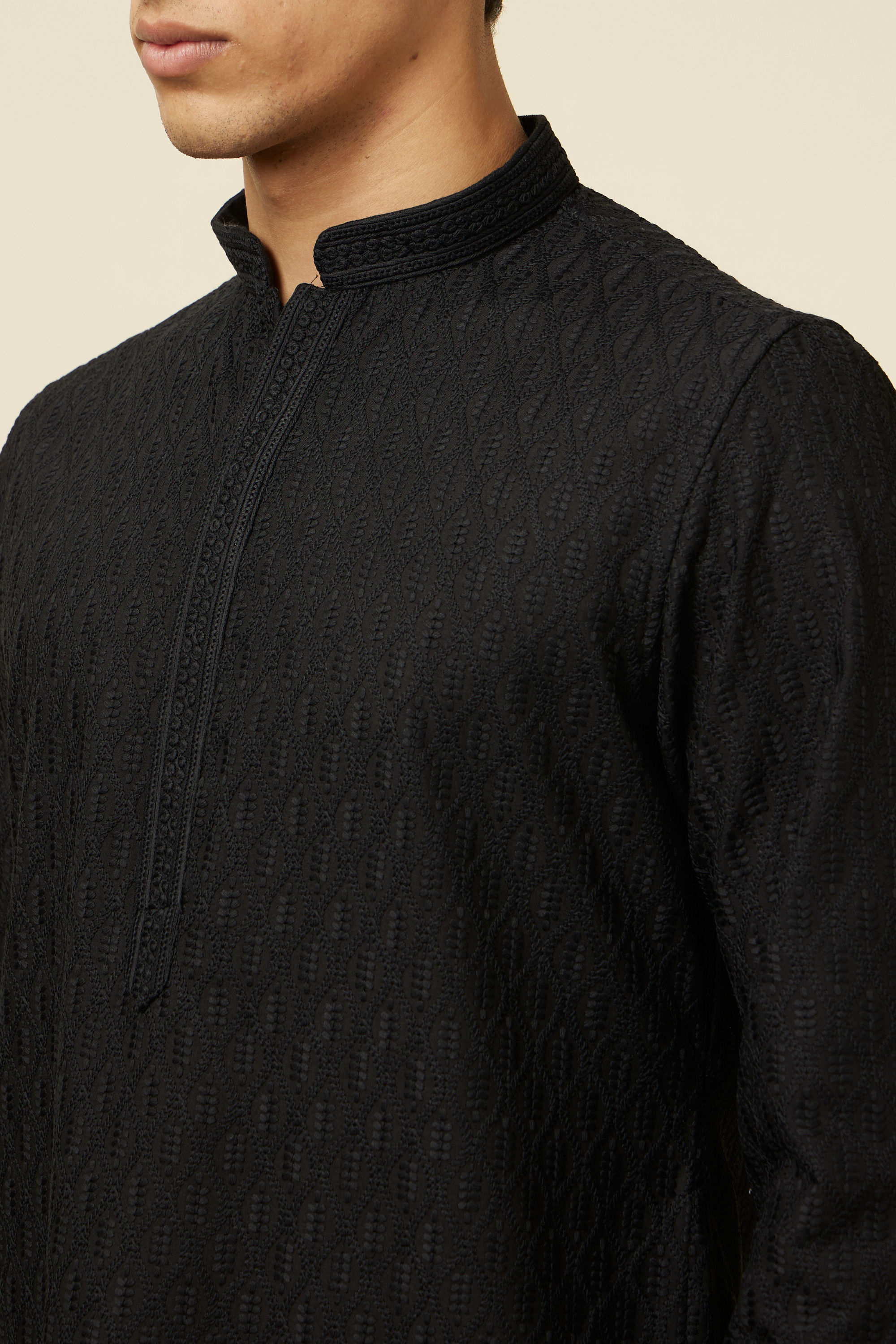 Manyavar Men Midnight Black Ogee Patterned Chikankari Kurta Set