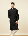 Manyavar Men Midnight Black Ogee Patterned Chikankari Kurta Set