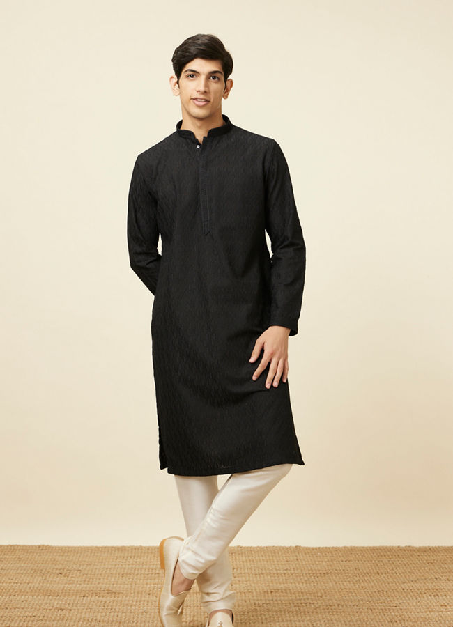 Manyavar Men Midnight Black Ogee Patterned Chikankari Kurta Set