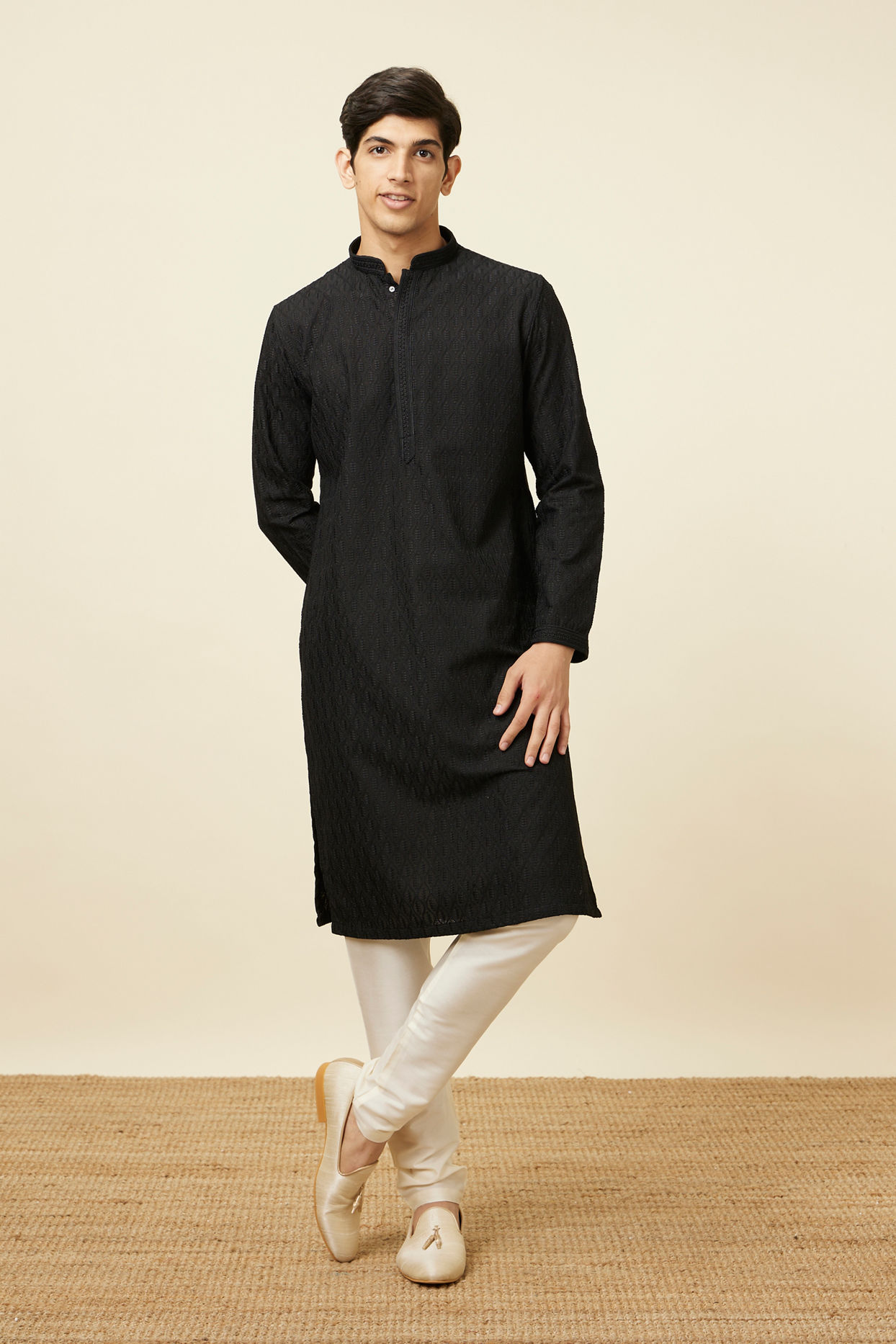 Manyavar Men Midnight Black Ogee Patterned Chikankari Kurta Set