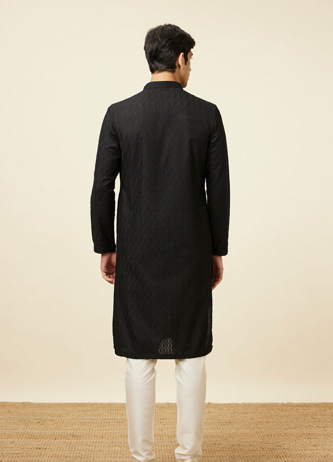 Manyavar Men Midnight Black Ogee Patterned Chikankari Kurta Set