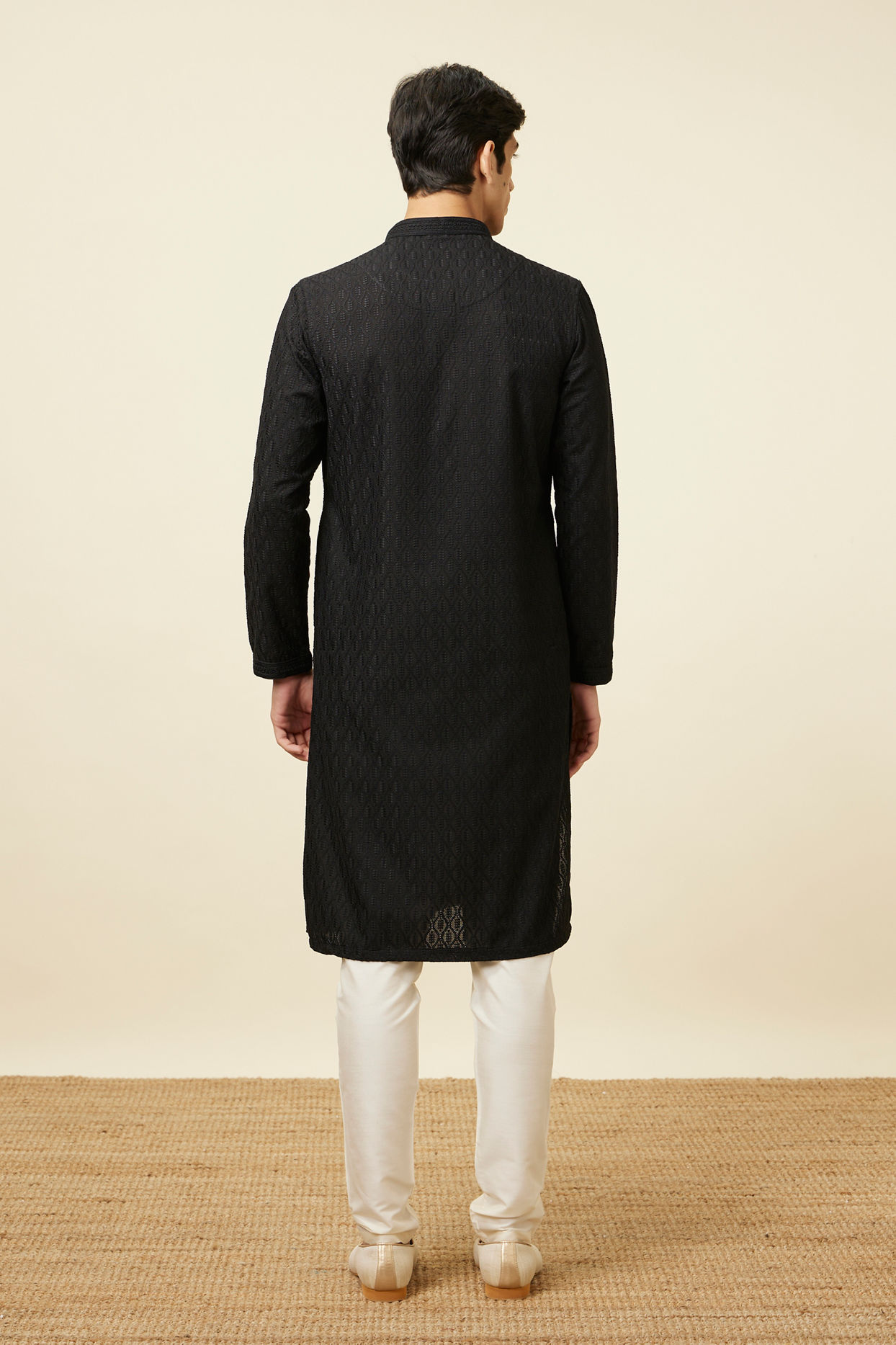 Manyavar Men Midnight Black Ogee Patterned Chikankari Kurta Set