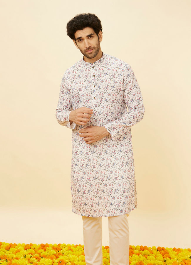 alt message - Manyavar Men White Floral Kurta image number 0