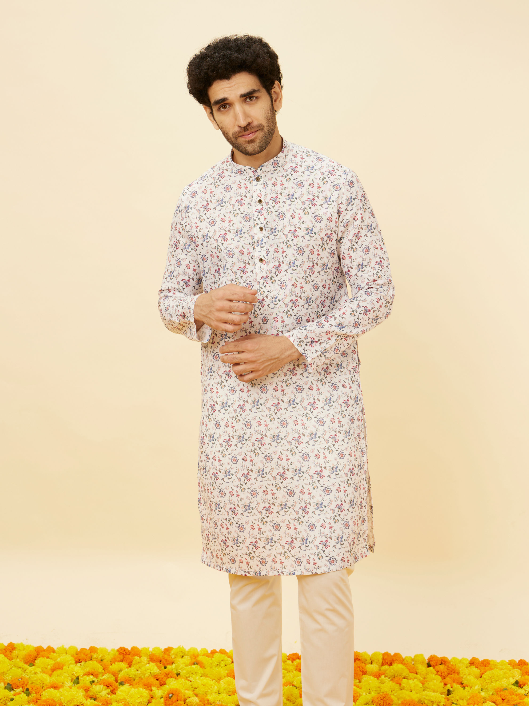 Manyavar Men White Floral Kurta