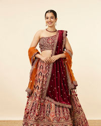 Mohey Women Orange Maroon Embroidered Bridal Lehenga