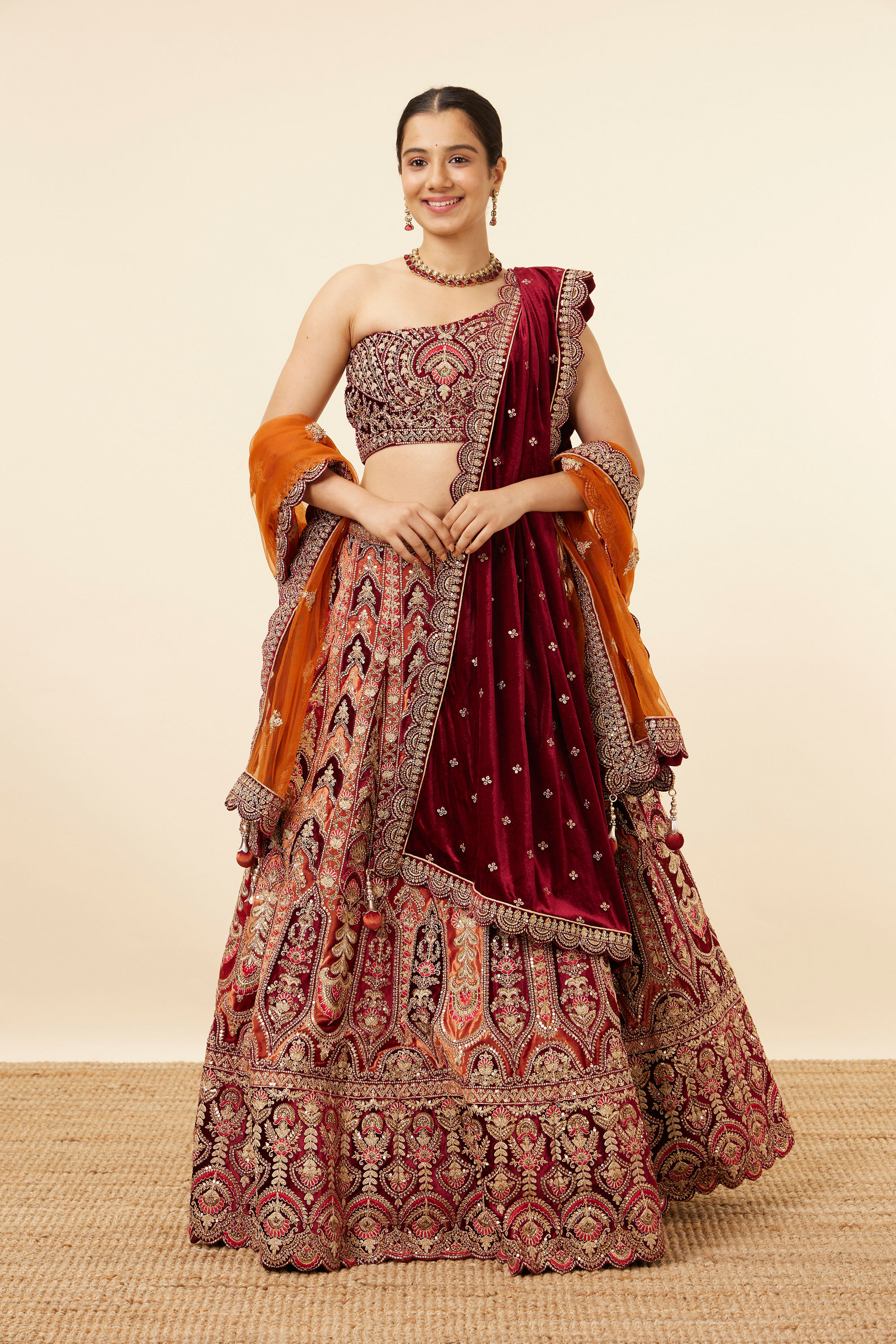 Mohey Women Orange Maroon Embroidered Bridal Lehenga