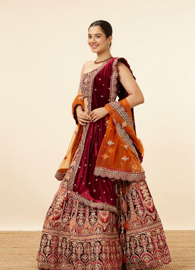 Orange Maroon Embroidered Bridal Lehenga image number 2