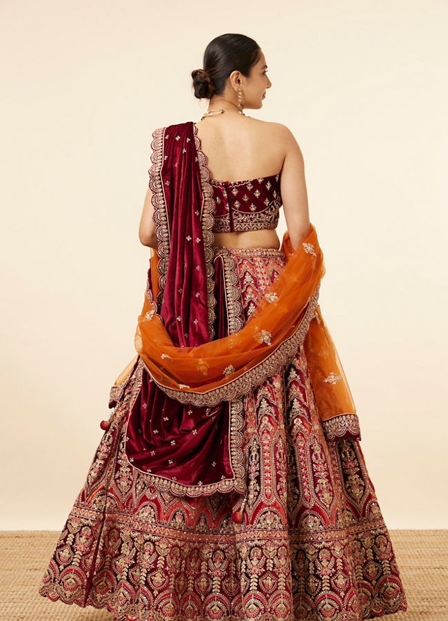 Mohey Women Orange Maroon Embroidered Bridal Lehenga