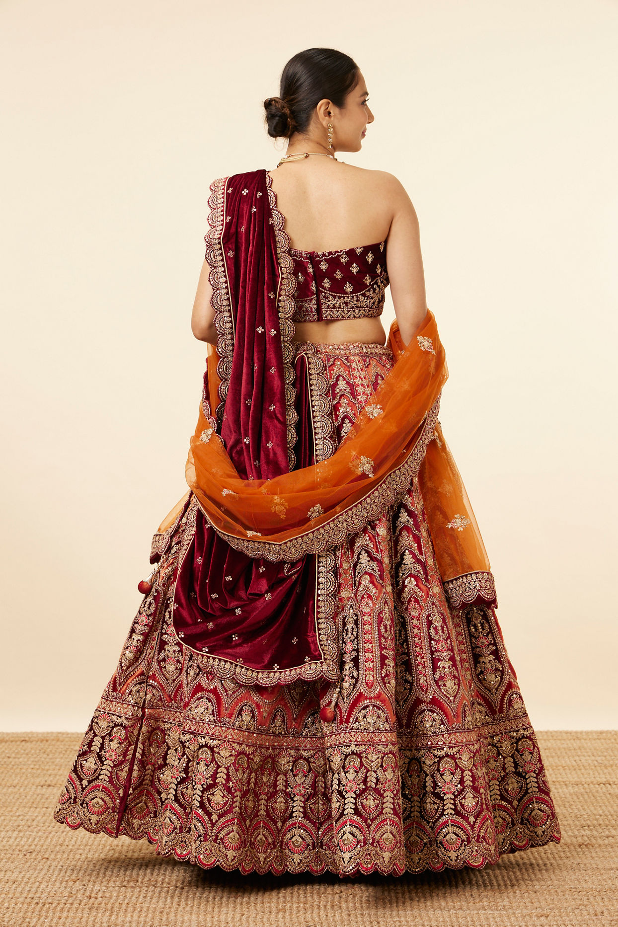 Orange Maroon Embroidered Bridal Lehenga image number 3