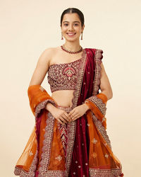 Mohey Women Orange Maroon Embroidered Bridal Lehenga