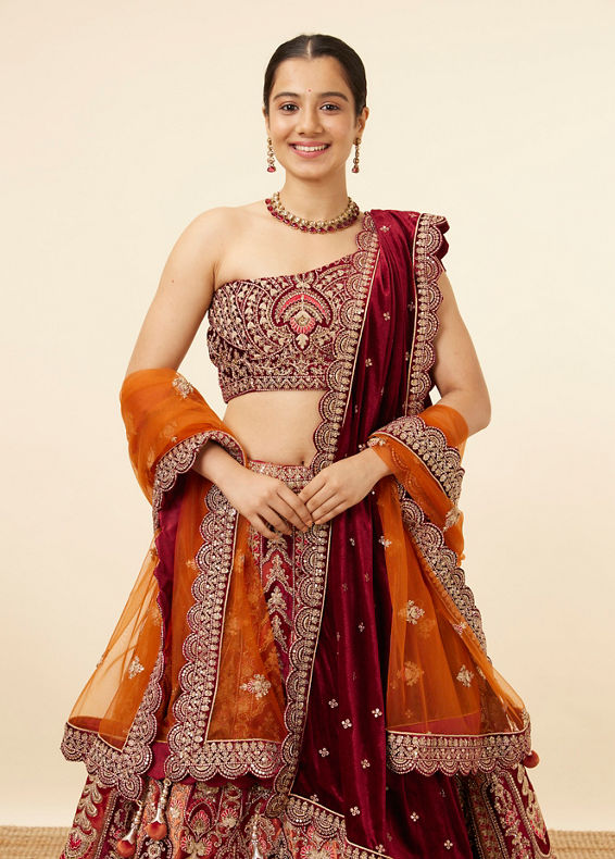 Mohey Women Orange Maroon Embroidered Bridal Lehenga