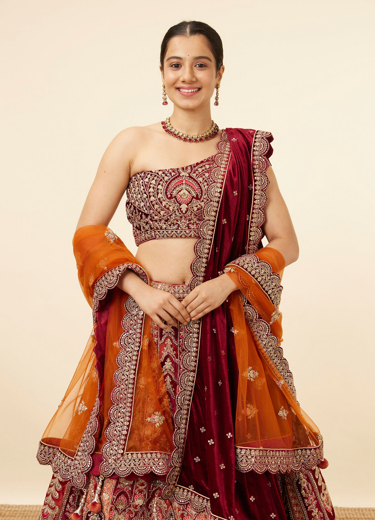 Mohey Women Orange Maroon Embroidered Bridal Lehenga