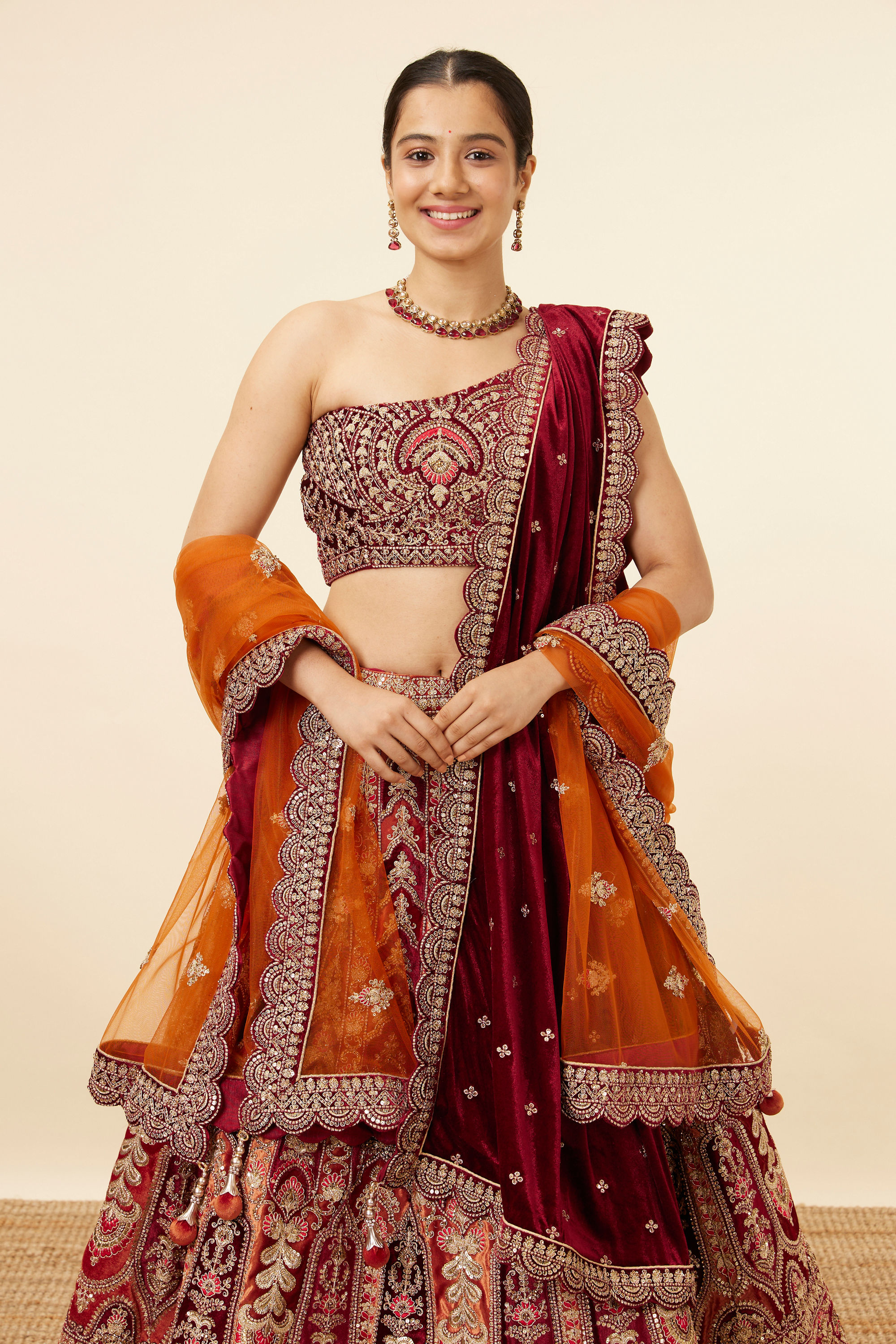 Mohey Women Orange Maroon Embroidered Bridal Lehenga