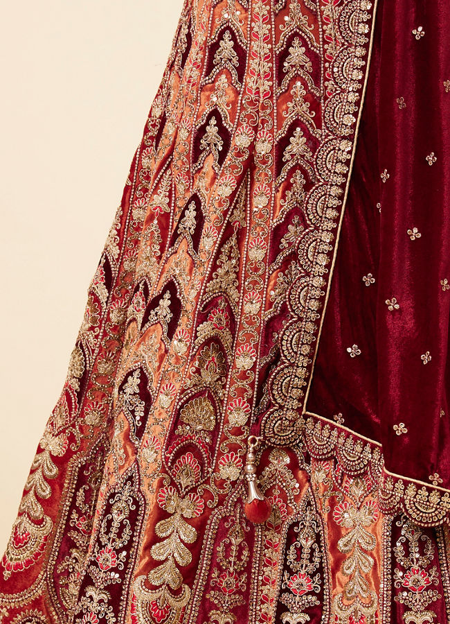 Orange Maroon Embroidered Bridal Lehenga image number 4