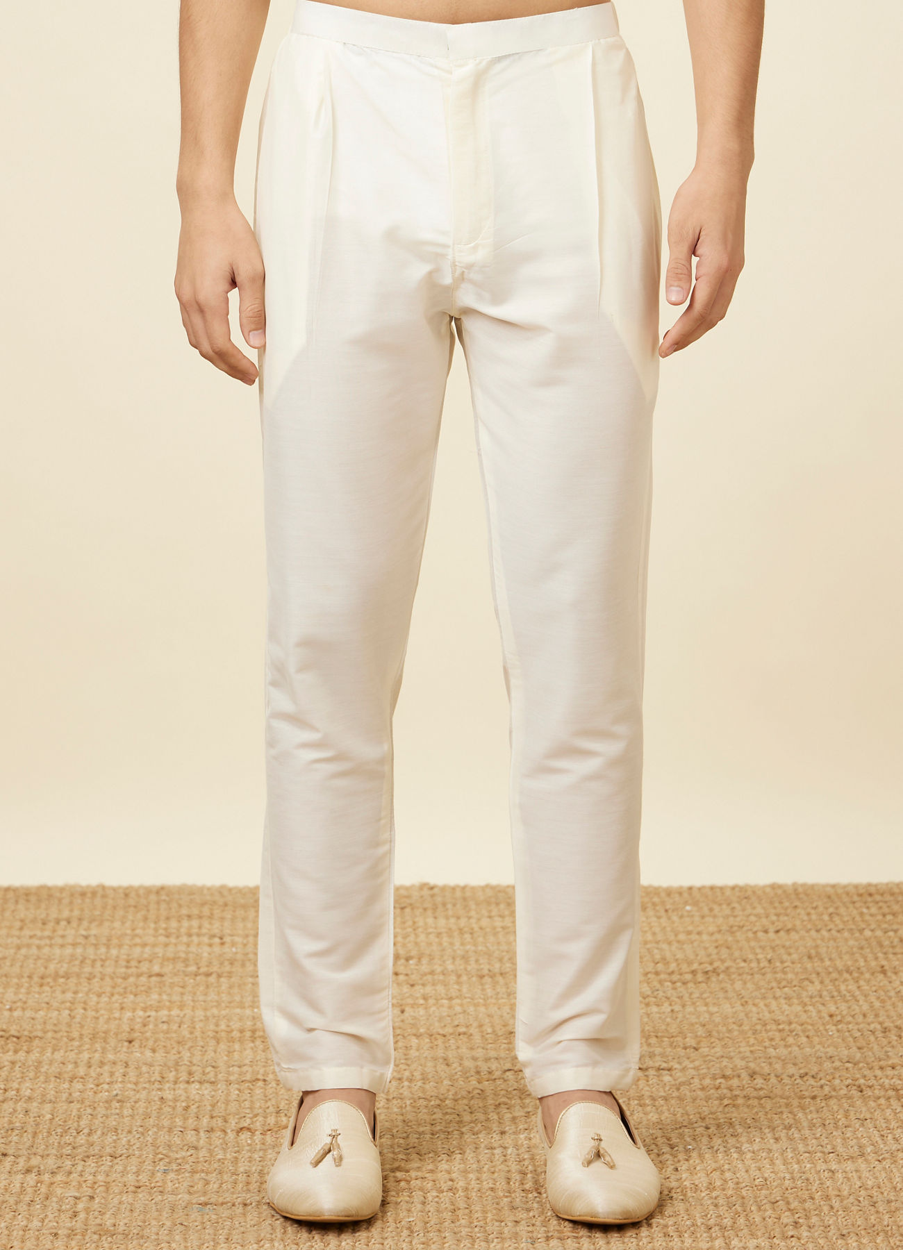 Manyavar Men Cream Pencil Cut Trousers