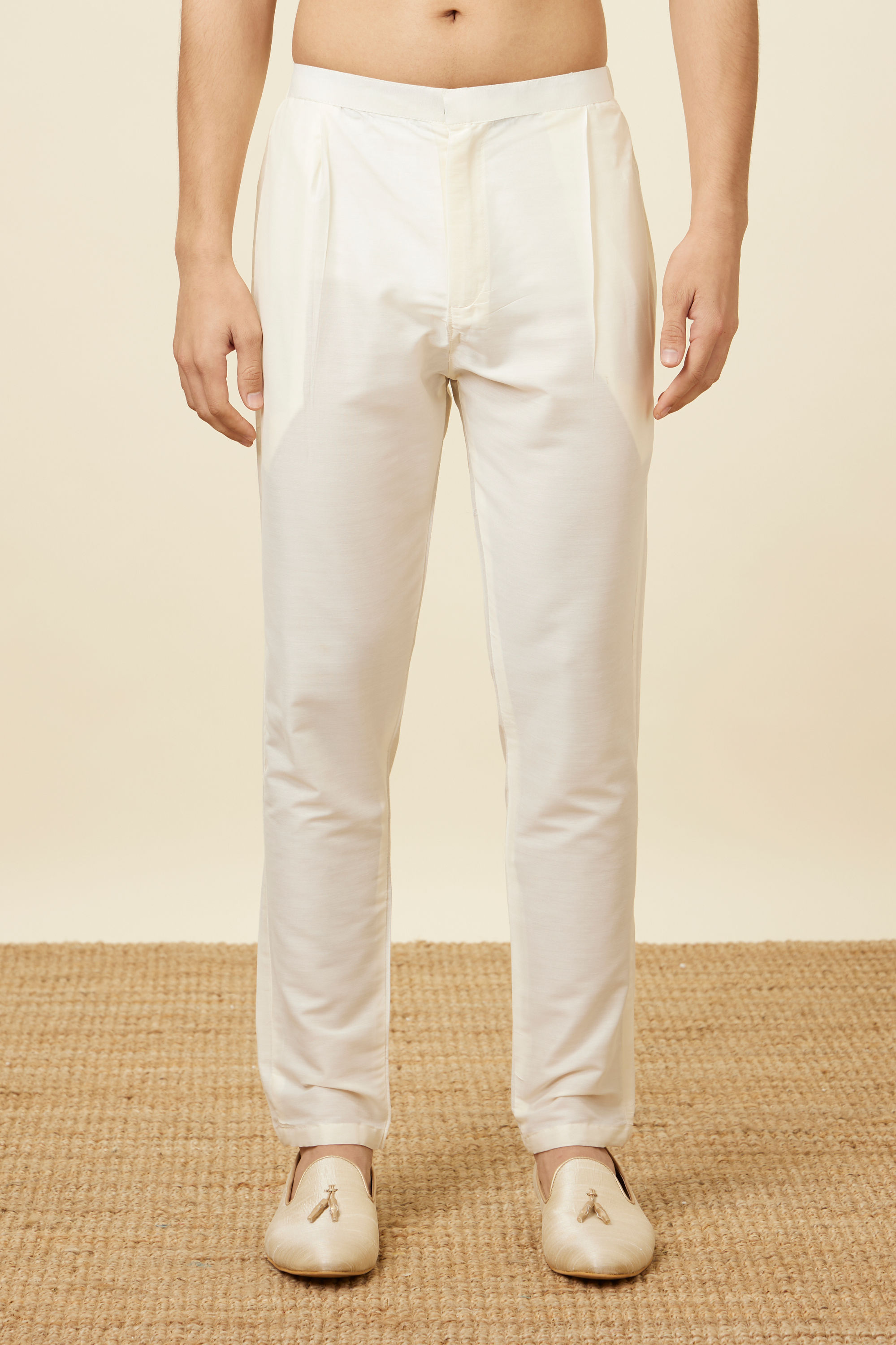 Manyavar Men Cream Pencil Cut Trousers