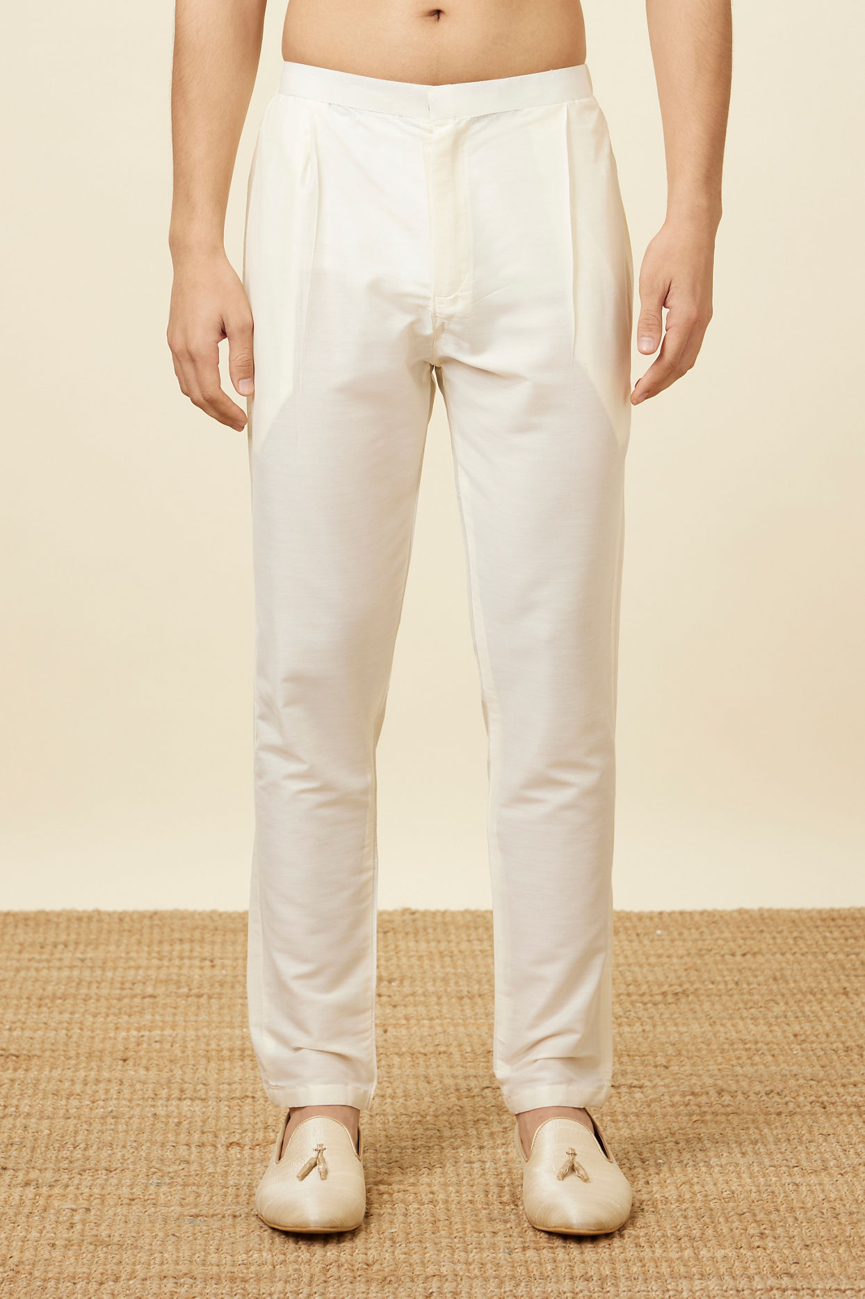 Manyavar Men Cream Pencil Cut Trousers