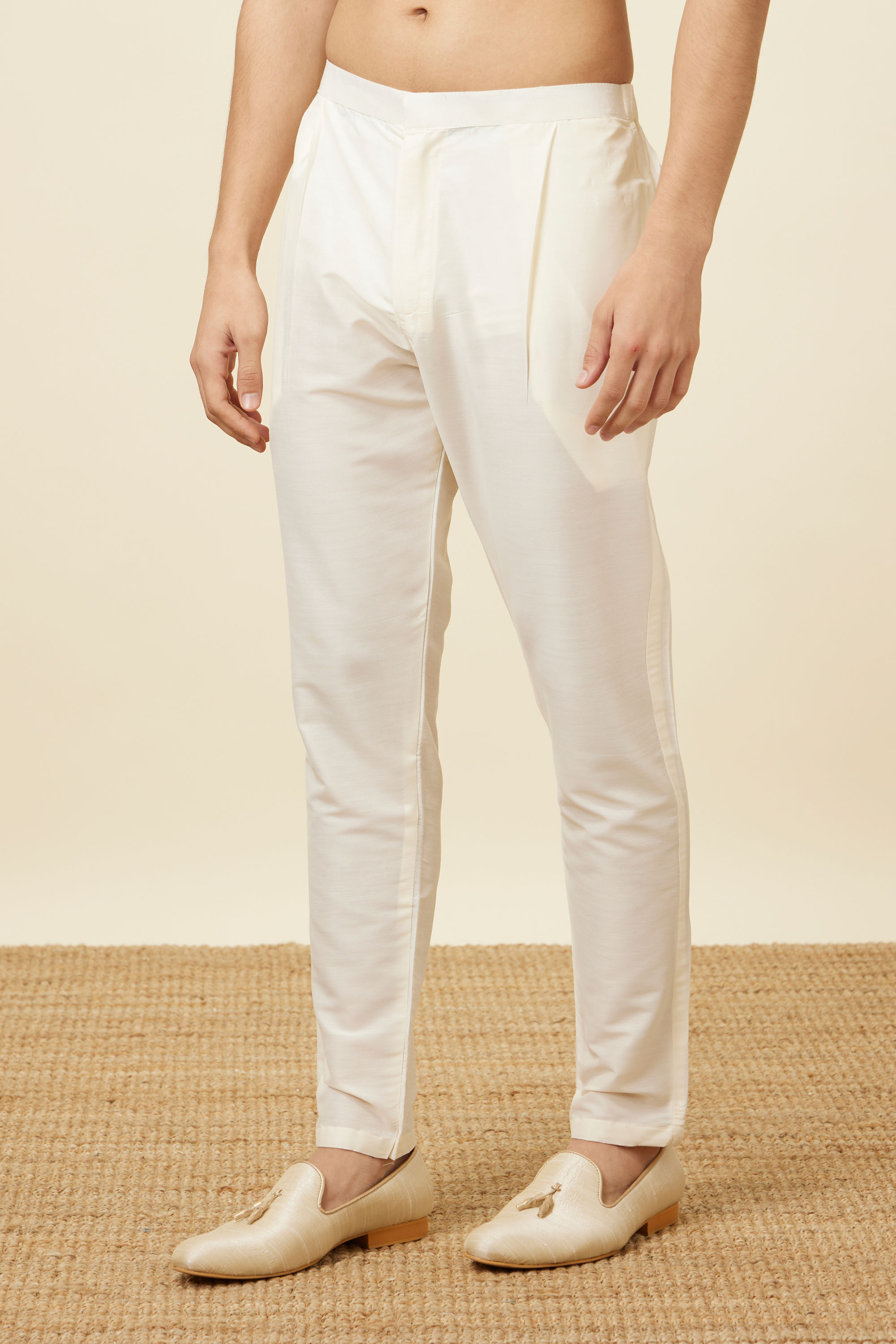 Manyavar Men Cream Pencil Cut Trousers
