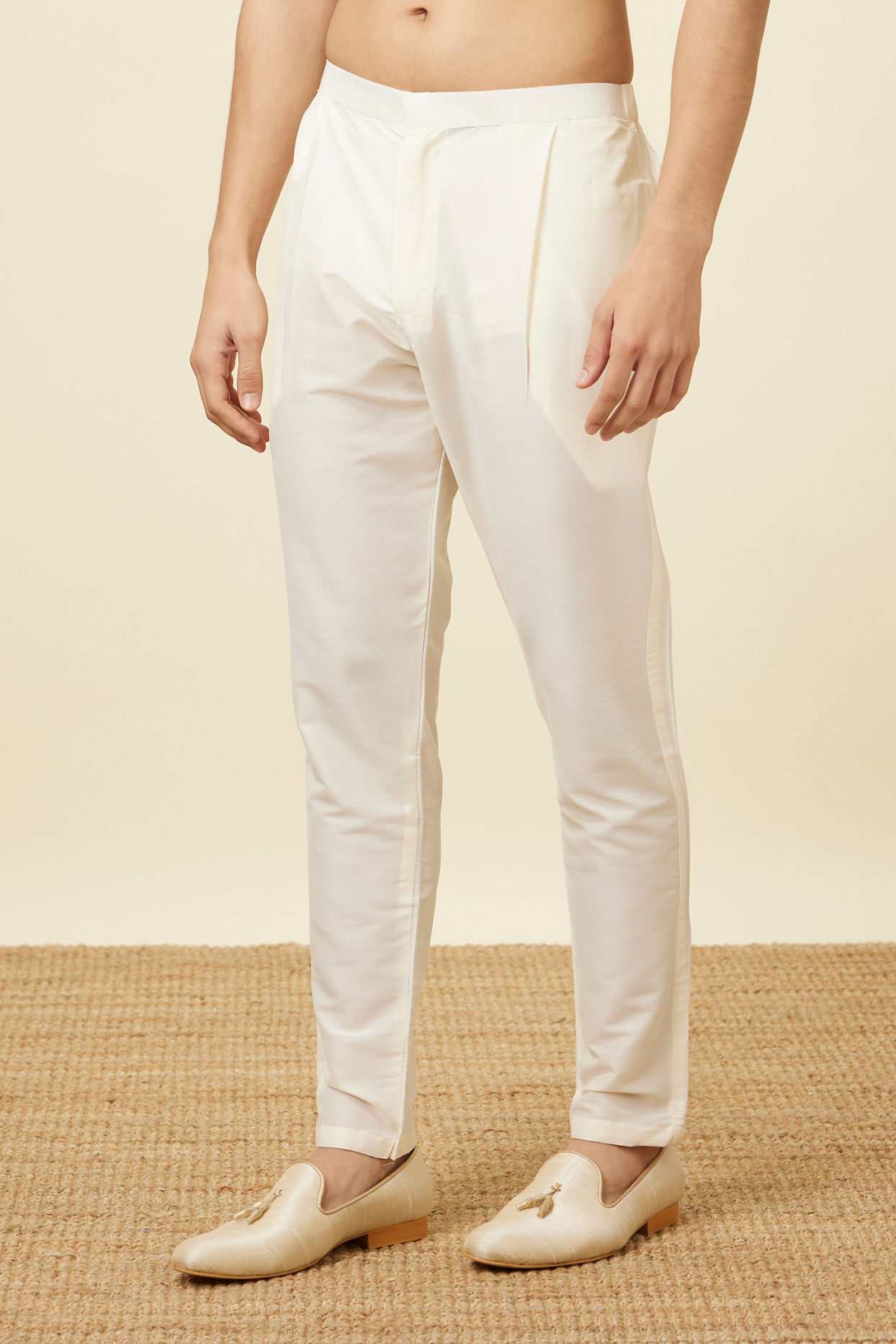 Manyavar Men Cream Pencil Cut Trousers
