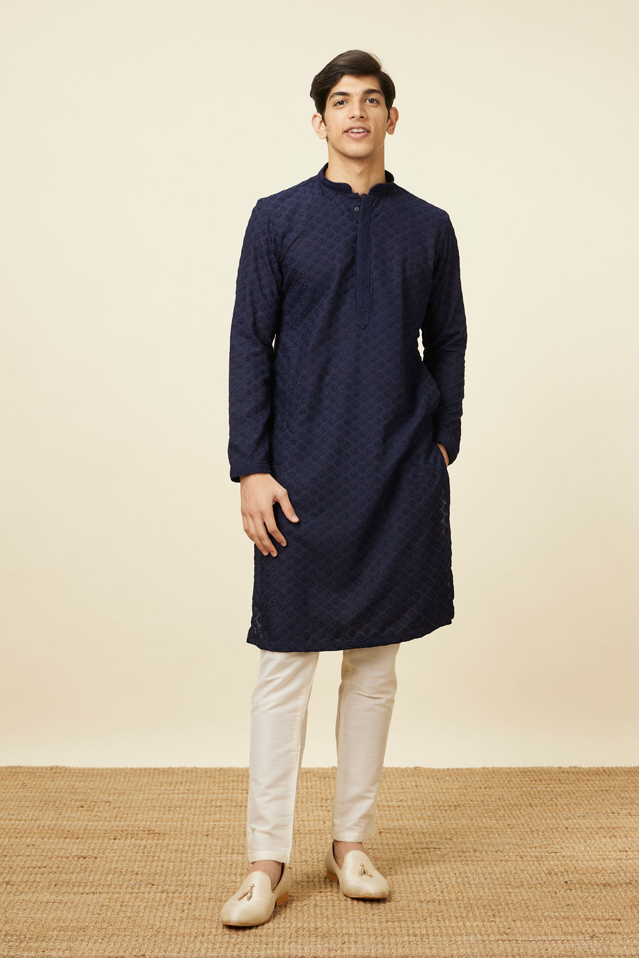 Manyavar Men Cream Pencil Cut Trousers