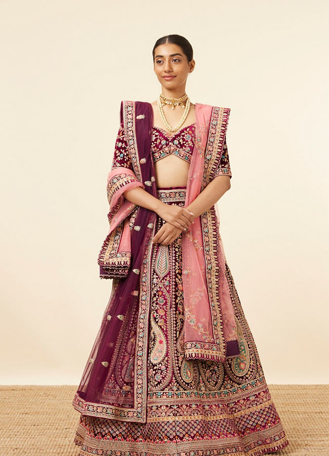 Wine Velvet Bridal Lehenga image number 0