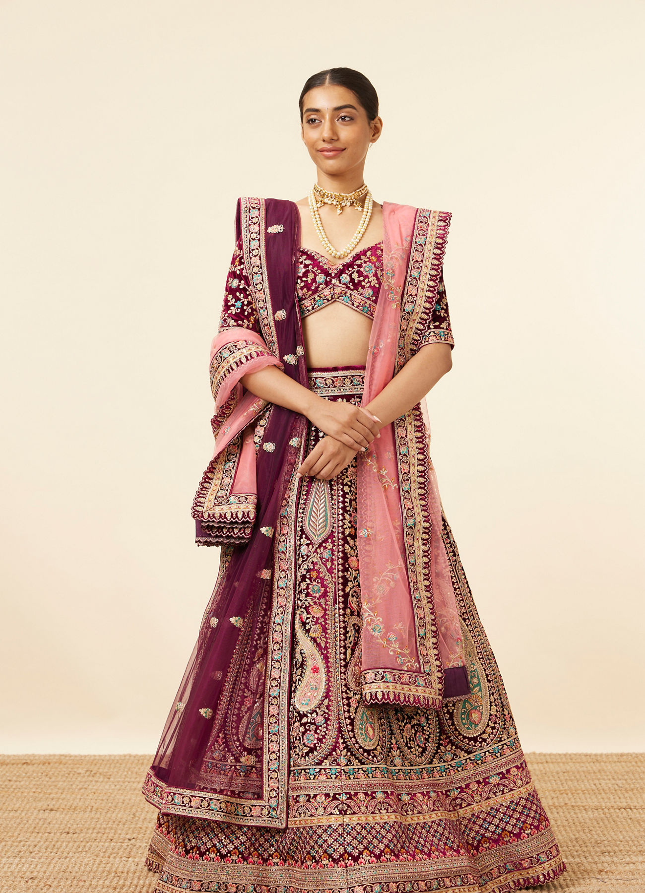 Mohey Women Wine Velvet Bridal Lehenga