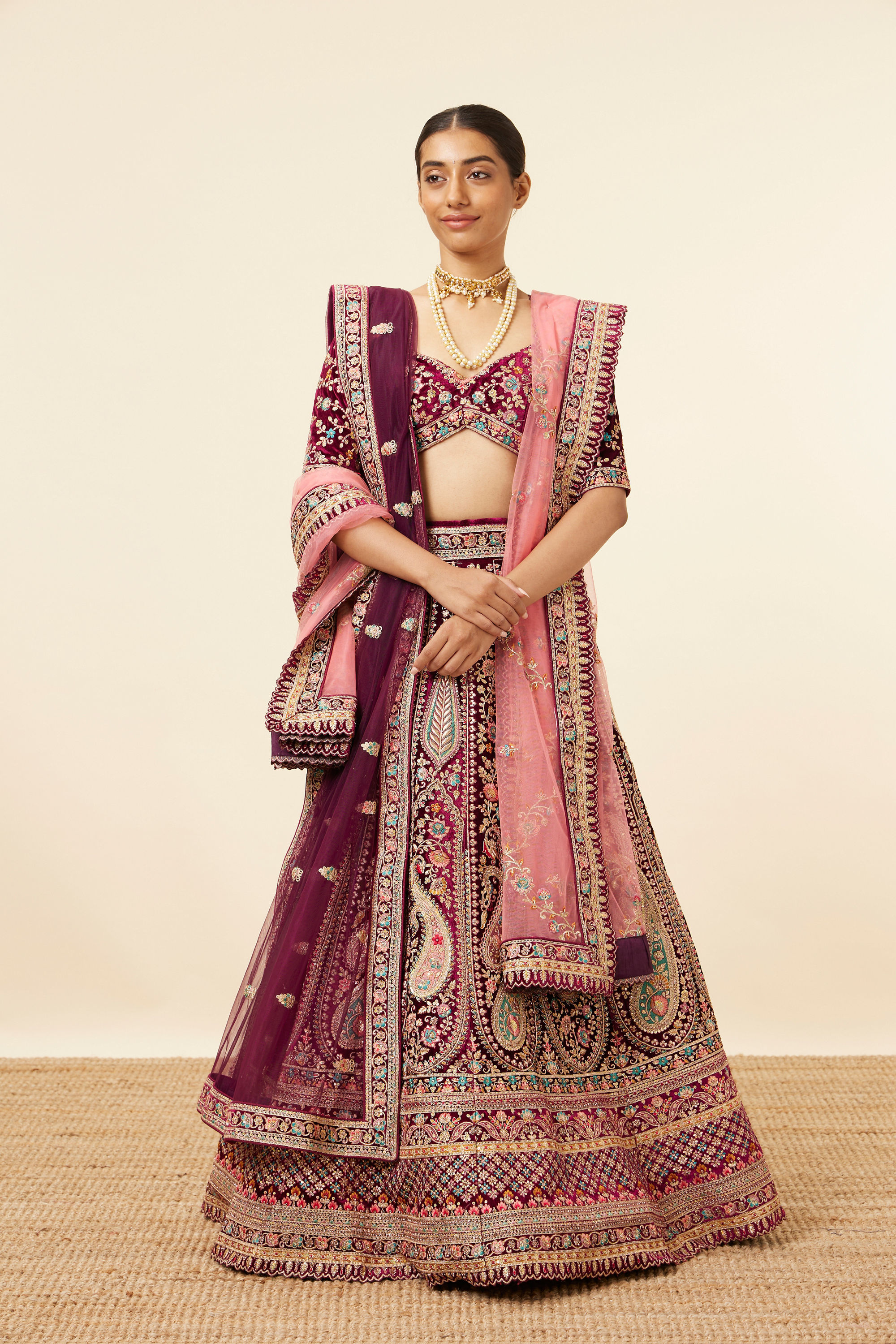 Mohey Women Wine Velvet Bridal Lehenga